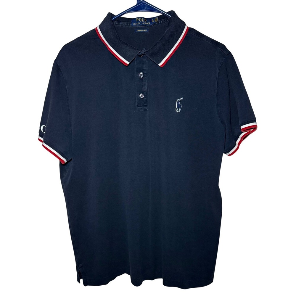 Ralph Lauren Navy Blue Polo Shirt Mens XL Custom Slim Fit